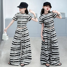 Load image into Gallery viewer, Children  Clothes For Kids Girls 2026 Arrival Striped Short Sleeve Top And Bottom Clothing Suit School Outfit 5-14Y
