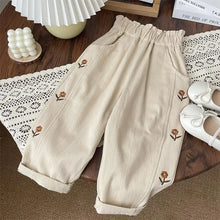 Load image into Gallery viewer, 2026 Spring Children Casual Pants 2-6T Girls Flower Embroidery Cotton Trousers Kids Elastic Waist Outdoor Pants Baby Girl Cloth
