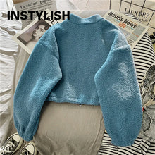 Load image into Gallery viewer, Women Stand Neck Fleece Cropped Hoodies Autumn Letter Embroidery Long Sleeve Drawstring Sweatshirt Elegant Plush Velvet Tops
