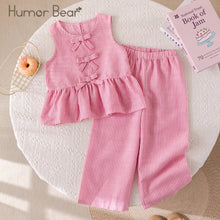 Load image into Gallery viewer, Humor Bear Summer Girls' Suits Pink vertical stripe Bow Sleeveless Vest Top+Pants Two-piece Set Sweet Kids' Clothing Sets
