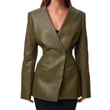 Load image into Gallery viewer, Autumn and winter fashion new style temperament green V-neck slim fit suit leather jacket for women
