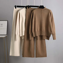 Load image into Gallery viewer, Winter Sweater for Women Tracksuit Half High Collar Knit Solid Color 2 Piece Set Knitted Pullover Sweater Elastic Trousers Suits
