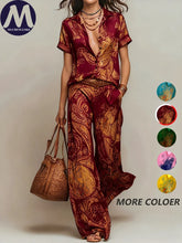 Load image into Gallery viewer, Women's Summer 2-Piece Set Elegant Printed Short Sleeve Shirt Top with Fashionable Casual Loose Wide Leg Pants Ensemble
