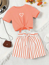 Load image into Gallery viewer, Women's casual daily short sleeved love printed+striped printed shorts 2-piece set with random belt striped children's clothing
