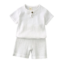 Load image into Gallery viewer, Cotton Linen Kids Clothes Girls Outfit Summer Boy Clothing Sets Solid Color Short Sleeve Tops Shorts Children Clothing 2-7 Years
