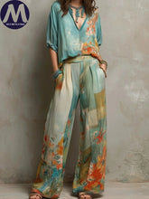 Load image into Gallery viewer, Women's Summer Fashion Set Elegant Printed Seven-Quarter Sleeve Top with Loose Wide Leg Pants Casual 2-Piece Outfit
