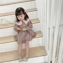 Load image into Gallery viewer, Girls Clothing Cute Children Dresses Kids Baby Girl Plaid Cotton Linen Lapel Collar Dress Long Sleeve Skirt
