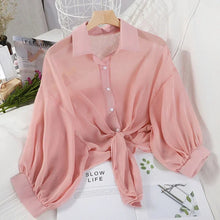 Load image into Gallery viewer, Summer Sun-protective Clothing Casual Loose Clothes Elegant Solid Color Tied Waist Blouse Bat Half Sleeve Button Chiffon Shirt
