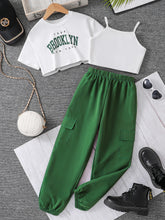Load image into Gallery viewer, Spring/Summer Children's Fashion Trend Girls Athleisure Basic Three-Piece Letter Print T-Shirt Solid Color Halter Vest Sweatpant
