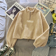 Load image into Gallery viewer, Women Stand Neck Fleece Cropped Hoodies Autumn Letter Embroidery Long Sleeve Drawstring Sweatshirt Elegant Plush Velvet Tops
