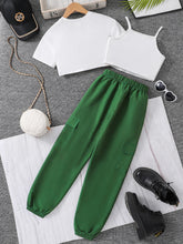 Load image into Gallery viewer, Spring/Summer Children's Fashion Trend Girls Athleisure Basic Three-Piece Letter Print T-Shirt Solid Color Halter Vest Sweatpant
