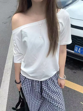 Load image into Gallery viewer, T-shirts Women Niche Design Off Shoulder Solid Short Sleeve Summer Chic Loose Casual Daily Simple Sexy Korean Trendy Street Tops
