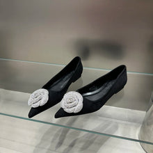 Load image into Gallery viewer, Flat Shoes for Women 2025 Spring Autumn Casual Diamond Rose Flower Shallow Mouth Black Low Heel Pointed Toe Ladies Shoes
