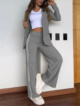 Load image into Gallery viewer, Autumn Winter New Women's Casual Lapel Pantsuit Fashion Splicing Stripes Slit Wide Leg Trousers Female Suit Office Two-piece Set
