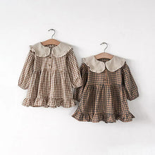 Load image into Gallery viewer, Girls Clothing Cute Children Dresses Kids Baby Girl Plaid Cotton Linen Lapel Collar Dress Long Sleeve Skirt
