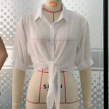 Load image into Gallery viewer, Summer Sun-protective Clothing Casual Loose Clothes Elegant Solid Color Tied Waist Blouse Bat Half Sleeve Button Chiffon Shirt
