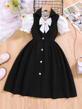 Load image into Gallery viewer, Girls' Spring &amp; Summer Two-Piece Set: White Top with Bow Decor + Black Buttoned Collared Long Skirt
