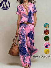 Load image into Gallery viewer, Women's Summer 2-Piece Set Elegant Printed Short Sleeve Shirt Top with Fashionable Casual Loose Wide Leg Pants Ensemble
