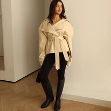Load image into Gallery viewer, F New Fashion Lace up Cropped Trench Coat Women Lapel Long Sleeves Wide Shoulder Windbreaker Jacket Fall Commuting Daily Jackets
