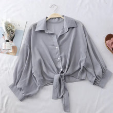 Load image into Gallery viewer, Summer Sun-protective Clothing Casual Loose Clothes Elegant Solid Color Tied Waist Blouse Bat Half Sleeve Button Chiffon Shirt
