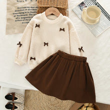 Load image into Gallery viewer, Khaki Fashion Autumn Winter New 3-7 Year Old Girls' Round Neck Long Sleeve Bow Top+pleated Skirt Two Piece Set Korean Version
