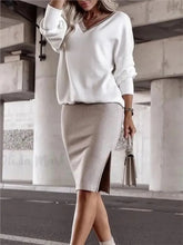 Load image into Gallery viewer, Autumn Winter Casual Loose V-neck Sweatshirt Suit Women's Tight Skirt Long-sleeved Top Two-piece Set New Fashion Holiday Sets
