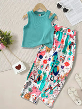Load image into Gallery viewer, Summer Teenage Girls Clothing Set Off-Shoulder Ribbed Tank Tops and Printed Pants Two-Piece Sets for Kids Girl 6-14 Y
