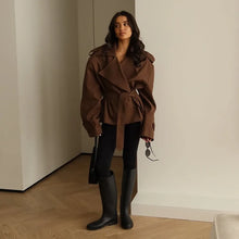 Load image into Gallery viewer, F New Fashion Lace up Cropped Trench Coat Women Lapel Long Sleeves Wide Shoulder Windbreaker Jacket Fall Commuting Daily Jackets

