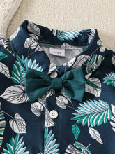 Load image into Gallery viewer, Baby Boy Spring and Summer Beach Vacation Set with Maple Leaf Print Top, Short Sleeves, Shorts, Hat, and Belt – 4 Pieces
