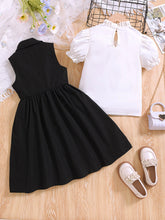 Load image into Gallery viewer, Girls' Spring &amp; Summer Two-Piece Set: White Top with Bow Decor + Black Buttoned Collared Long Skirt
