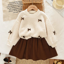 Load image into Gallery viewer, Khaki Fashion Autumn Winter New 3-7 Year Old Girls' Round Neck Long Sleeve Bow Top+pleated Skirt Two Piece Set Korean Version

